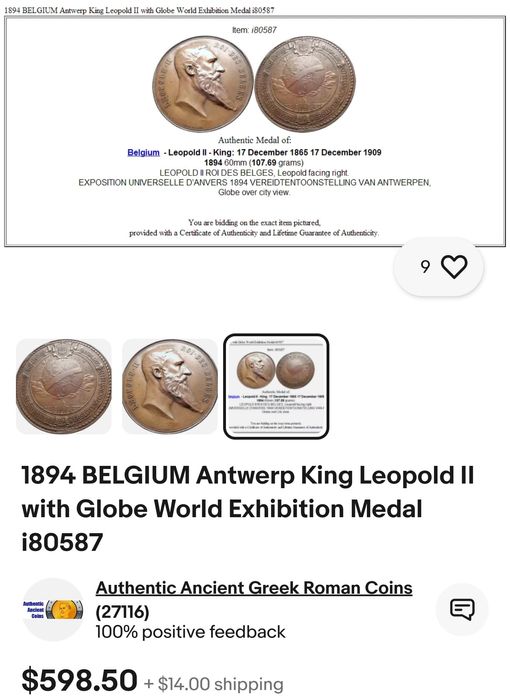 Monedă Istorică Leopold II - 1894 - Roi des belges VERELDTENTOONSTELLI