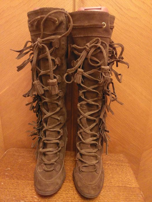 cizme toc pana la genunchi piele intoarsa maro, marime 37