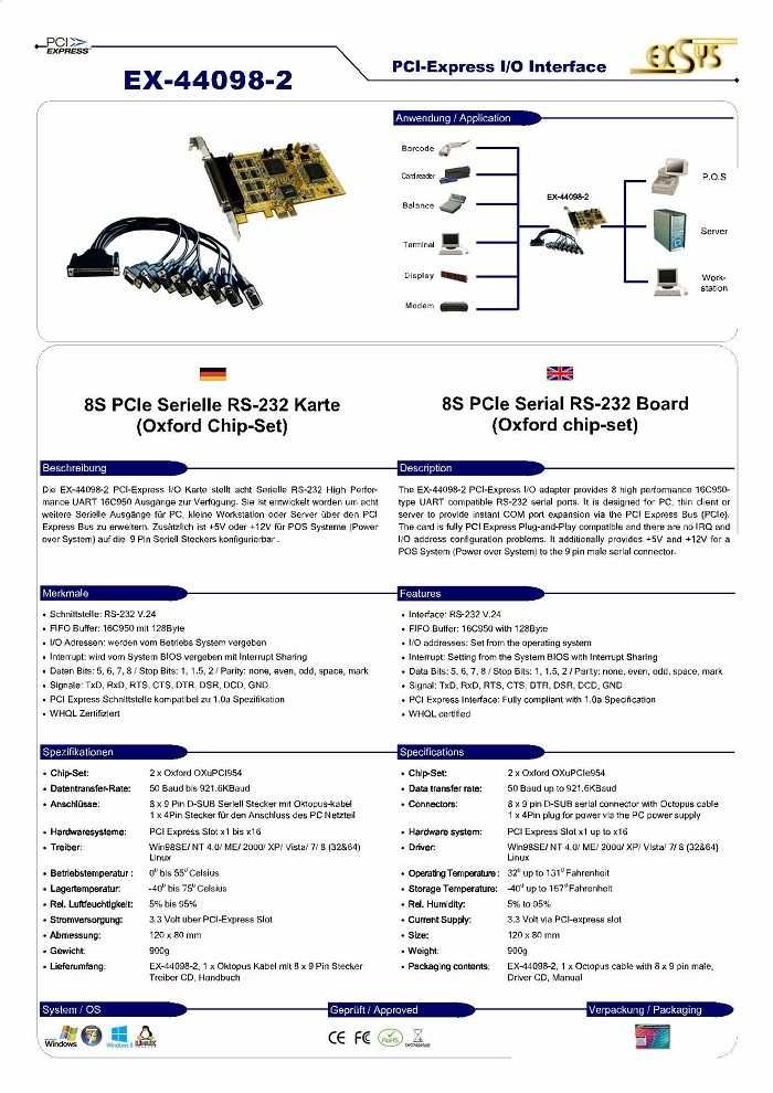 PCI-Express card Exsys 8x Serial RS 232 EX-44098-2