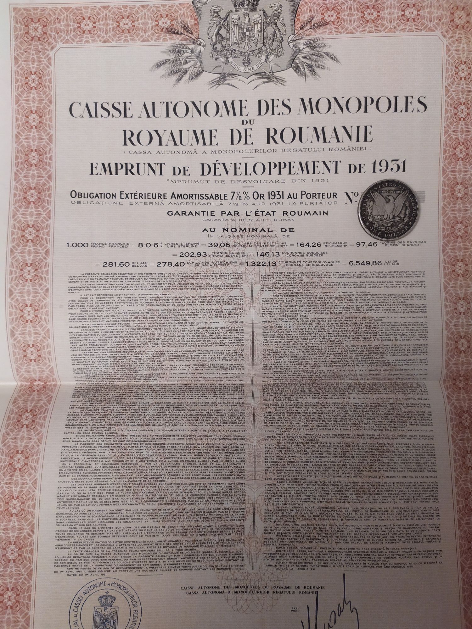 1000 Franci Aur 1931 Titlu de Stat obligatiuni neincasate cu cupoane