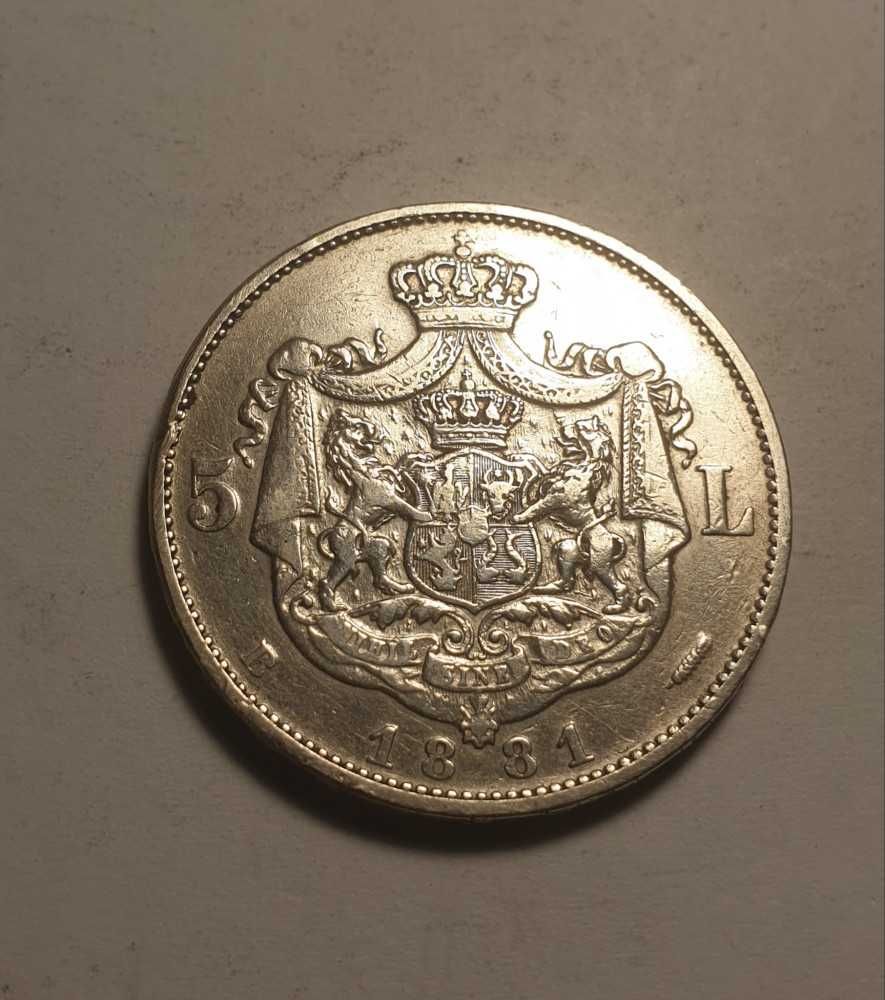 5 lei 1881. Monedă argint, regele Carol I.