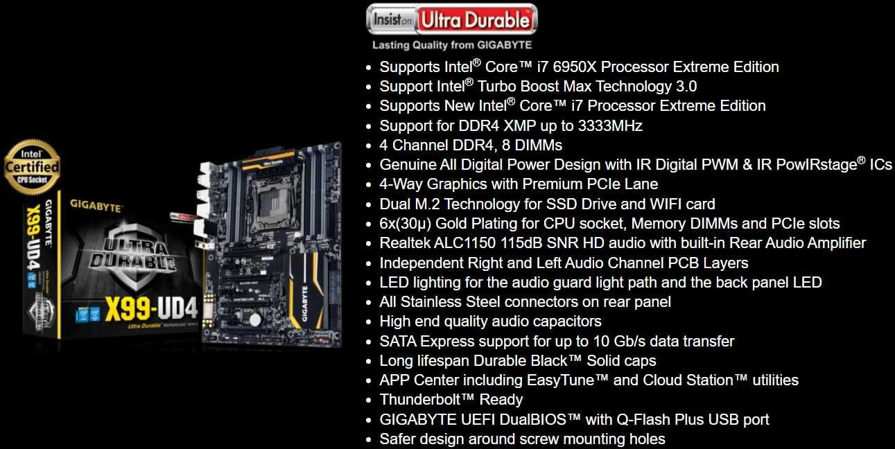 Дъно Дънна платка GIGABYTE GA-X99-UD4 2011-3 X99 до 128GB DDR4
