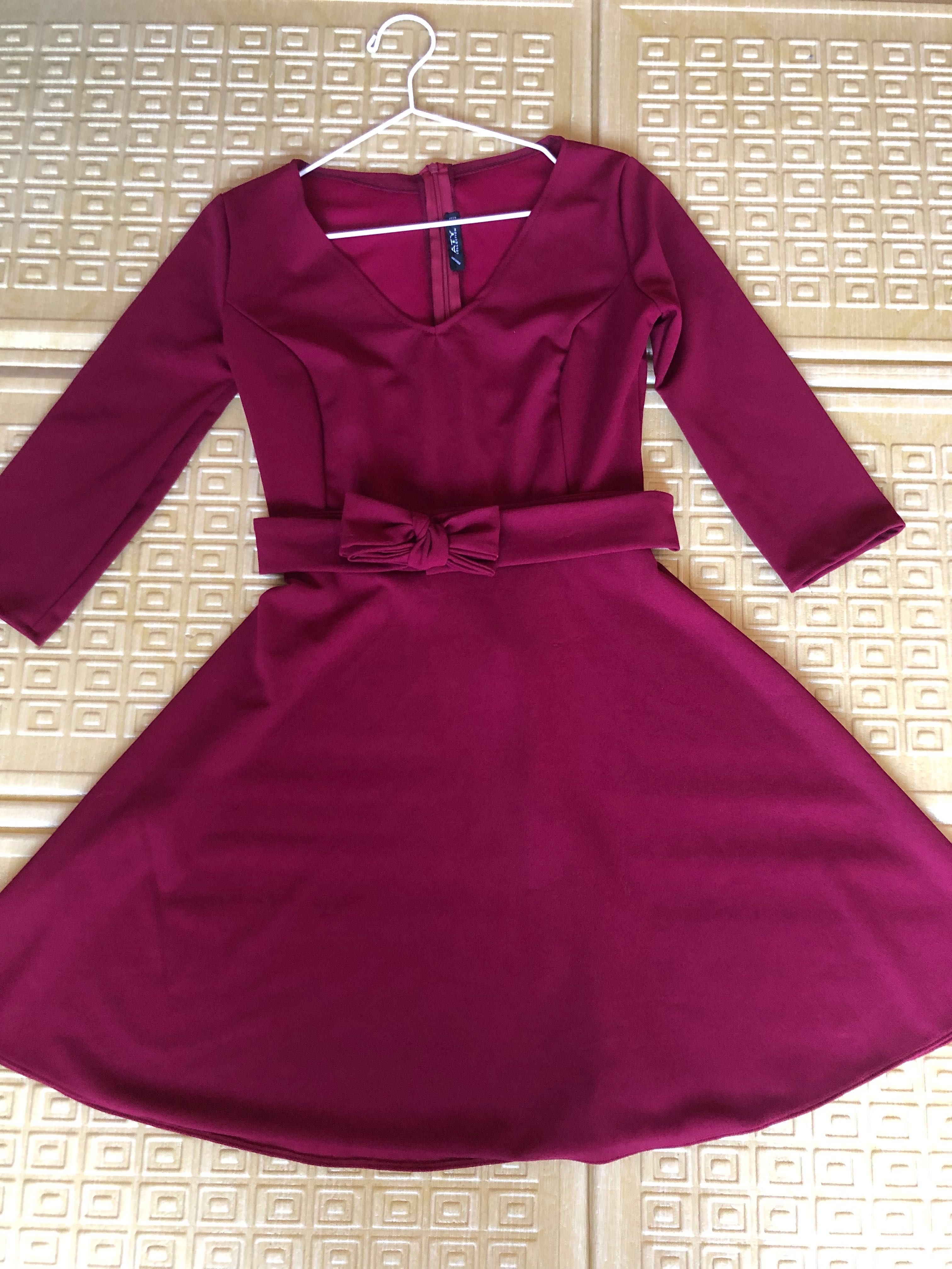 Rochie bordo cu maneca si cordon in talie