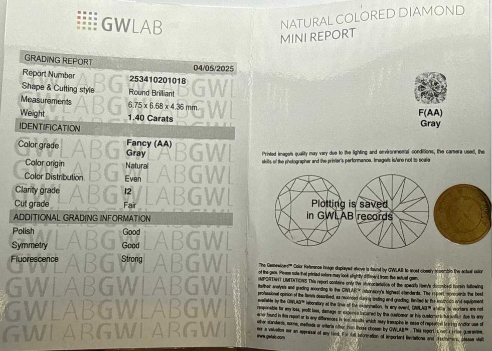 Рядък цветен диамант 1.40 ct, Fancy Gray – GWLAB сертификат