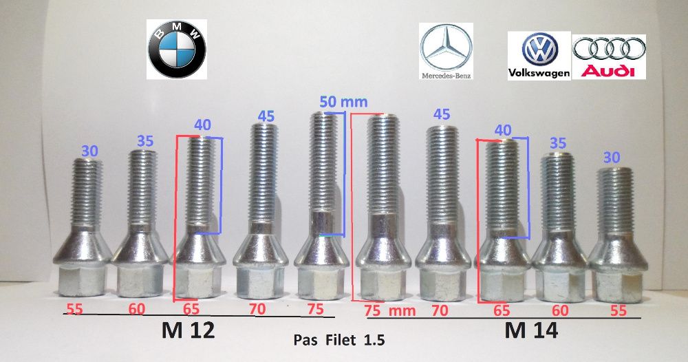 Prezoane Mercedes ML cu filet de 40 mm 45 mm... 60 mm cap semisferic