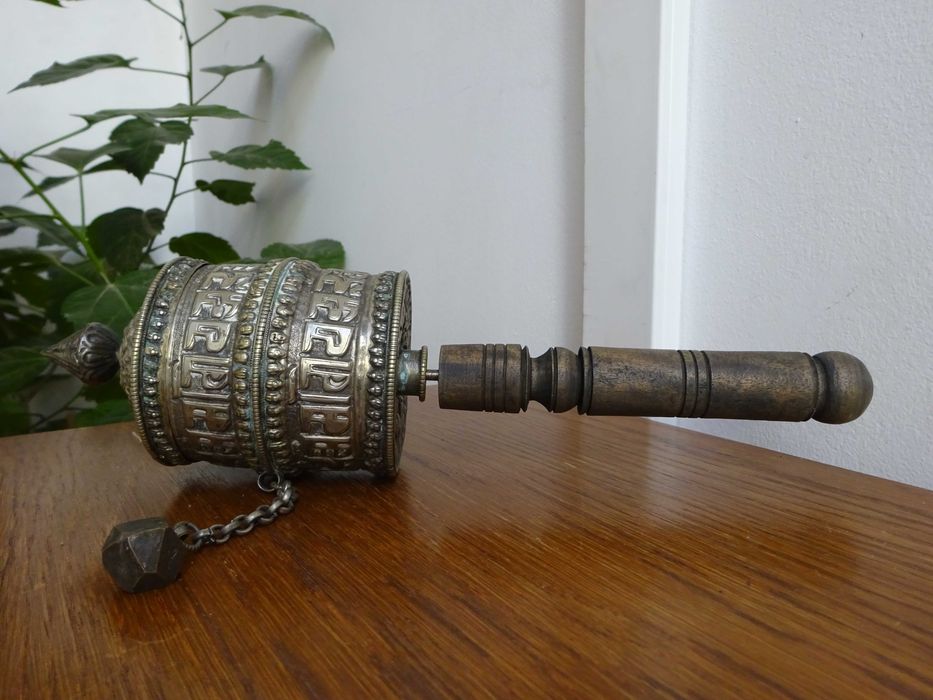 Roata Tibetana cu Mantra, argint tibetan| Vechi obiect de Cult Budist