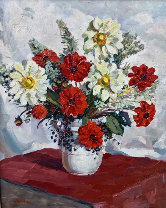 Tablou vechi - vaza cu flori - semnat C. Baba