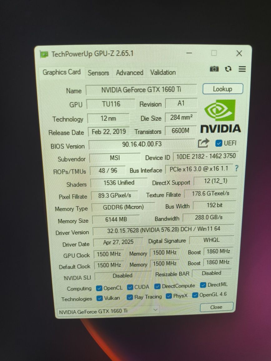 MSI Armor GTX1660Ti 6Gb