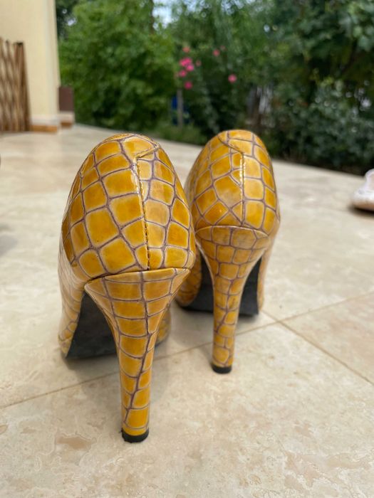 pantofi stiletto din piele de crocodil, premium, maro si galbeni, 36