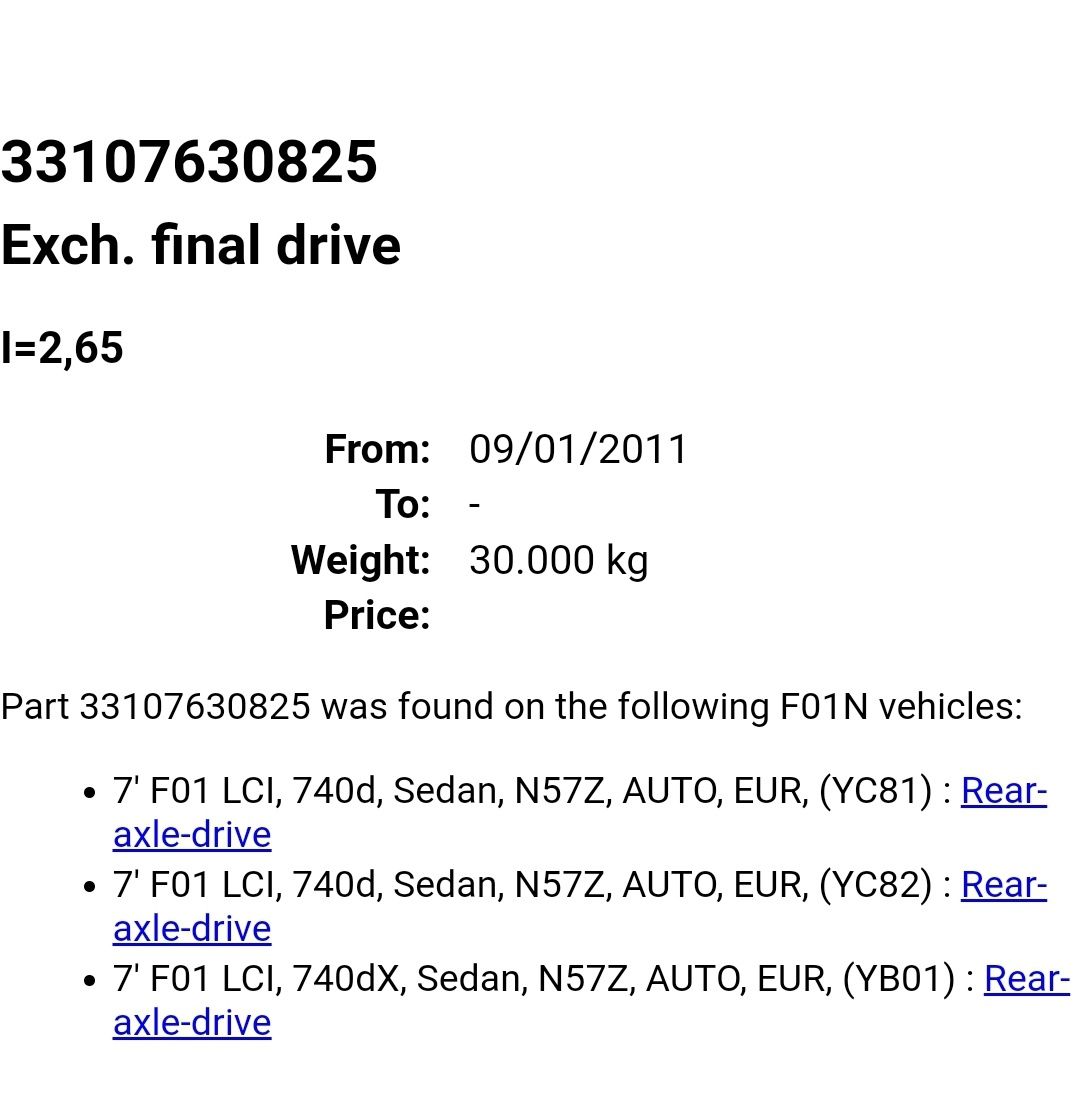 Grup/diferențial bmw f10 f11 f07 f01, 535d, 535xd, 7630824, 2.65