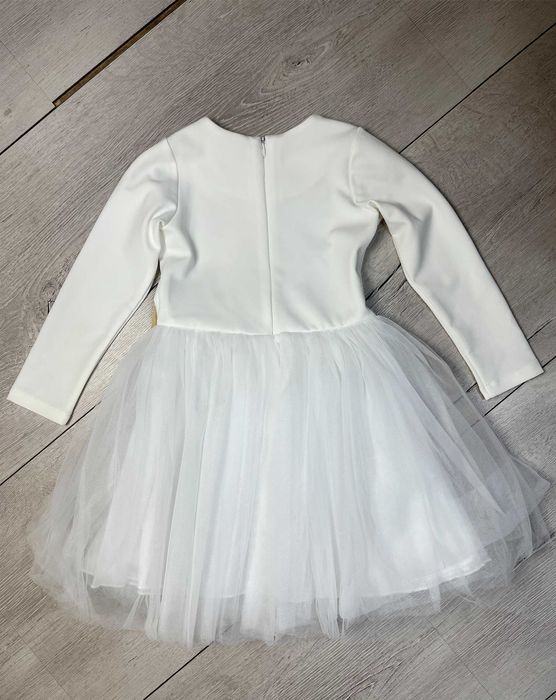 Официална детска рокля с тюл и златна пандела, бяла - размер 116 см