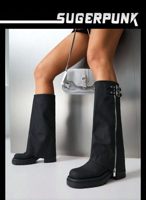 Дамски ботуши черни,кожа с цип