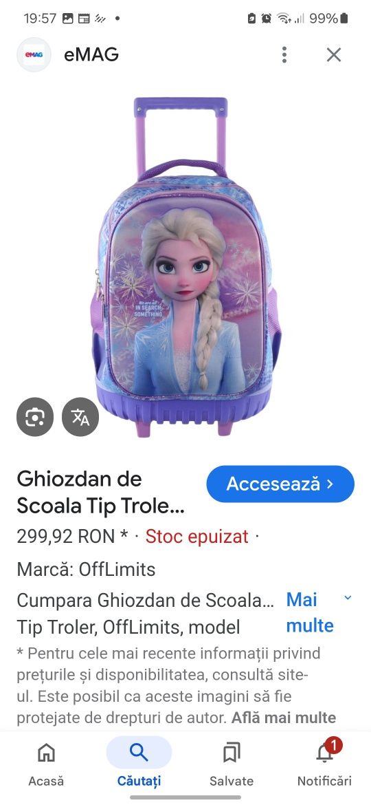 Ghiozdan de Scoala Tip Troler, OffLimits, model Frozen Elsa 3D, 35x23x