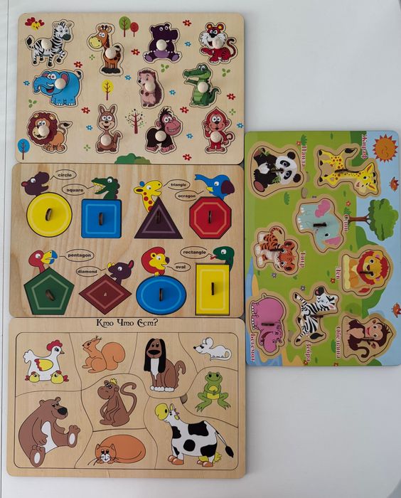 Игрушки Монтессори (деревянные пазлы, пирамиды, цилиндры, сортер)