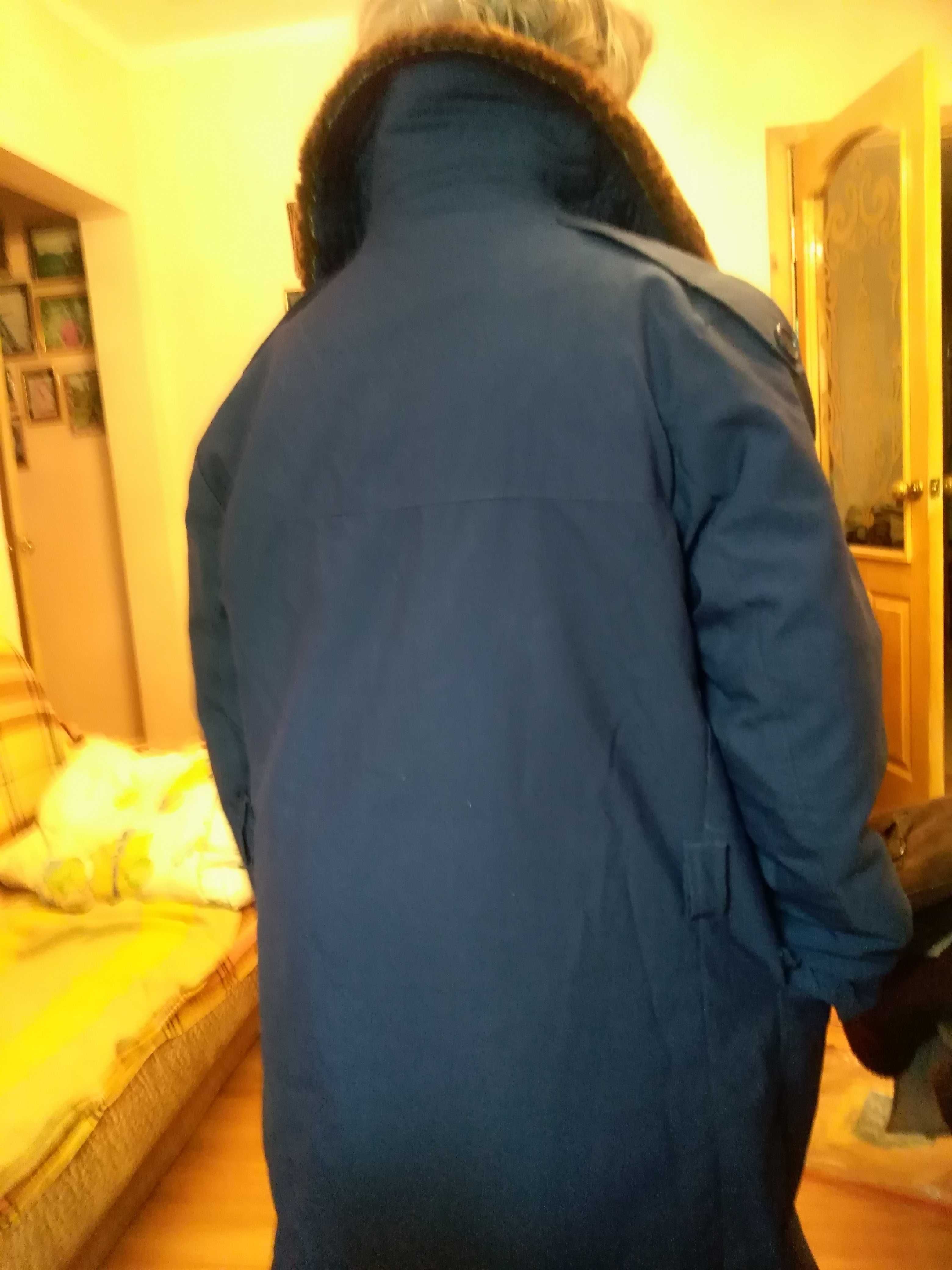 Полушубок-куртка, цигейка, верх темно-синяя плащевка, удлиненная