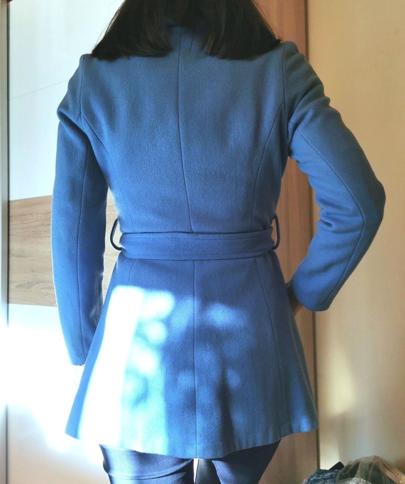 Синьо дизайнерско палто от вълна размер XS-S