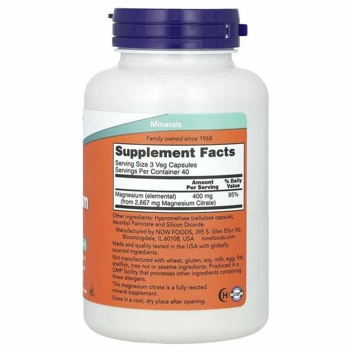 NOW Foods, Magnesium Citrate, цитрат магния, 120 вегетарианских капсул