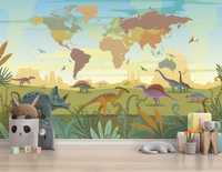 Фотообои Детская карта мира с динозаврами 423х270 см