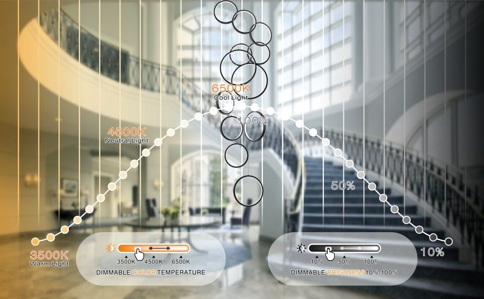 Модерен черен полилей с 12 пръстена за висок таван, стълбище