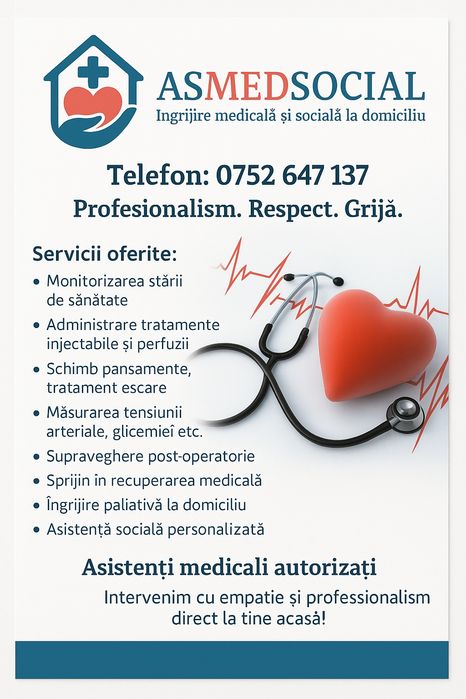 Îngrijiri medicale la domiciliu'perfuzii'injectii'pansamente escare.