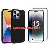 Set iPhone 15 Pro Max - Folie de Sticla Full + Husa Slim Silicon Negru