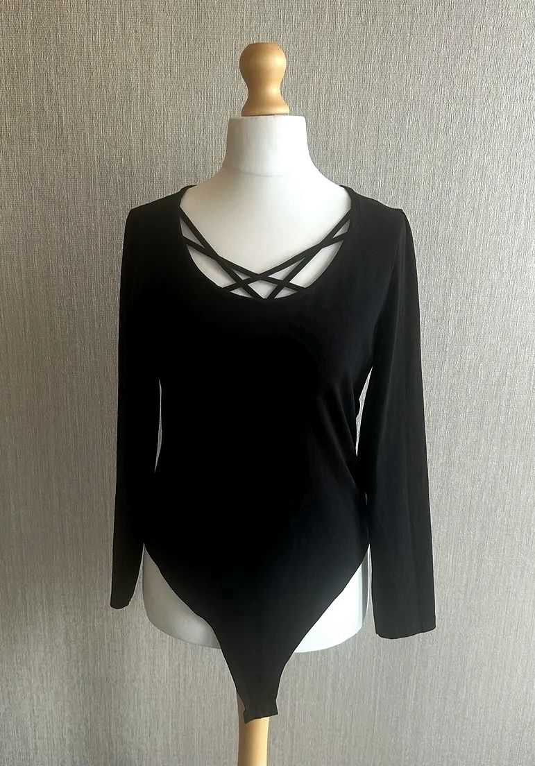 Body bodysuit negru goth harness șnur mânecă lungă bumbac mărimea L