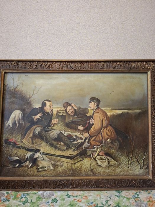 Картина маслом, охотники на привале