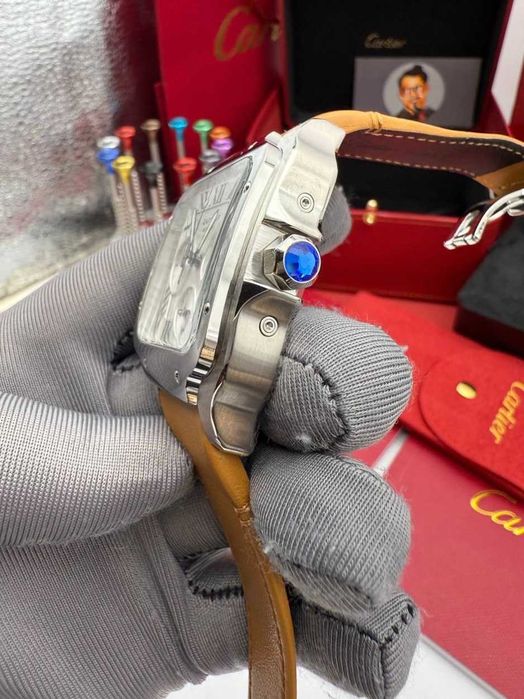 cartier santos 100 сребриста / кафява каишка