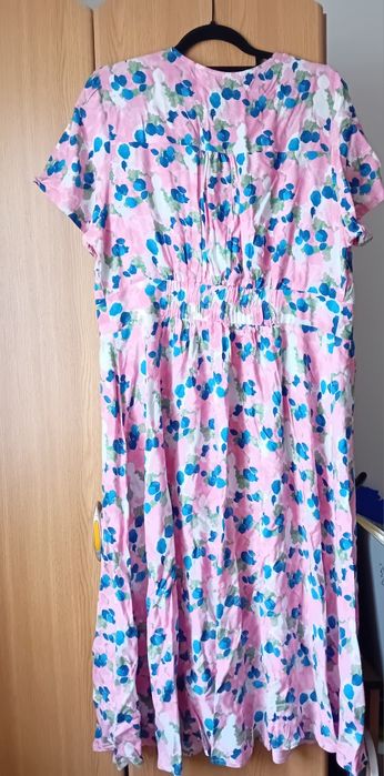 Rochie bumbac, flori roz, lungime medie, Mărimea 48