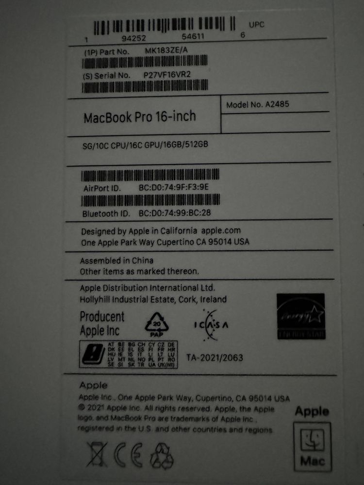 MacBook Pro 16,2 M1 16/512gb