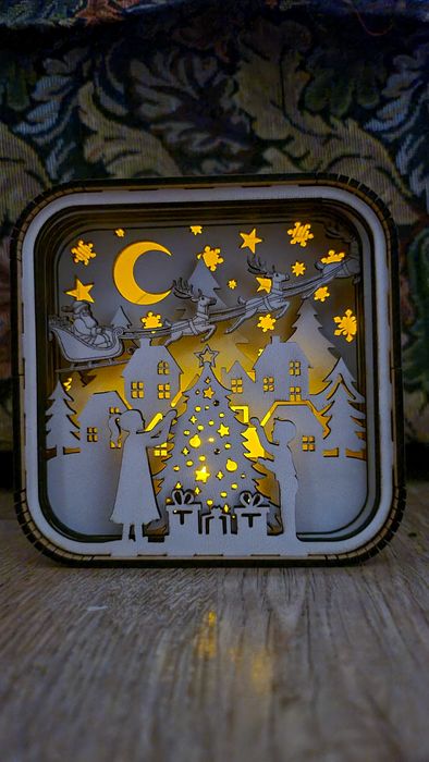 Decoratiune de Craciun din lemn cu lumina led - Shadow Box Craciun