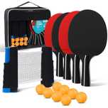 Set Complet Ping Pong, 4 Palete Tenis de Masa 8 Mingi, Fileu si Geanta