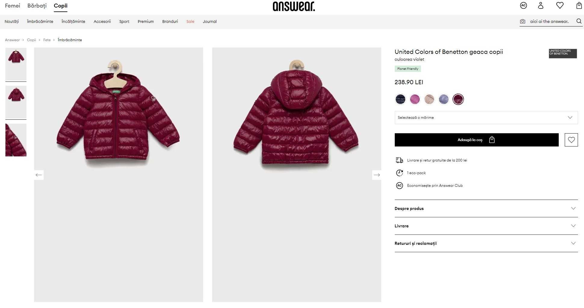 Geaca pentru copii United Colors of Benetton, marime 74 (6-12 luni)