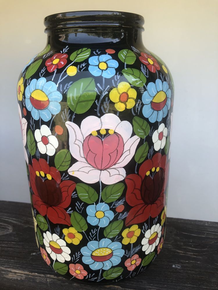 Vaza,borcan rustic din sticla finlandez,pictat cu flori