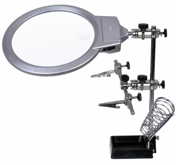 Държач за платки и поялник MG16129-A с LED подсветка и двойна лупа