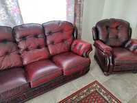 Диван и 2 бр. кресла Честърфийлд естествена кожа цвят бордо/Oaxblood