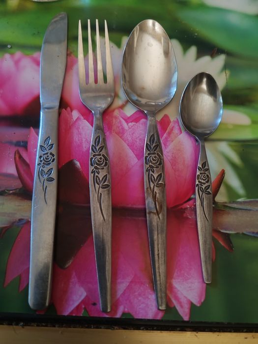 Set tacimuri inox 24 piese vechi de 50 ani cu model gravat.