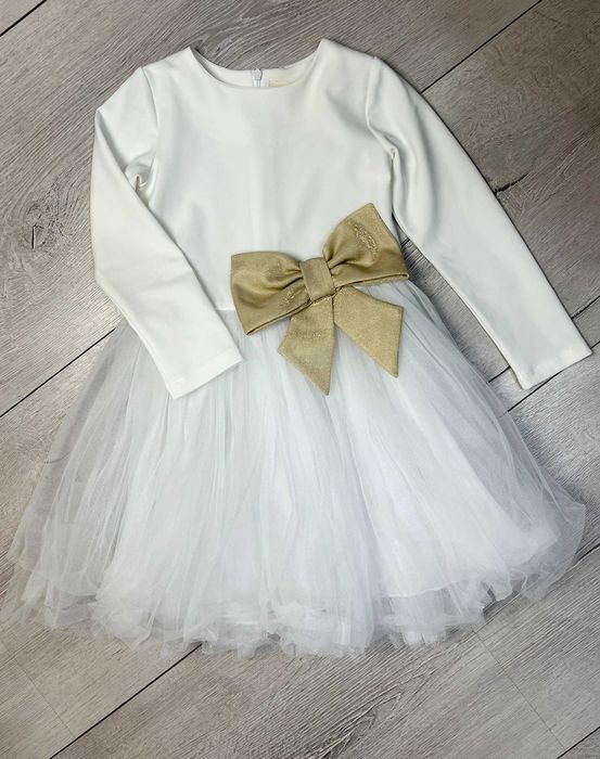 Официална детска рокля с тюл и златна пандела, бяла - размер 116 см