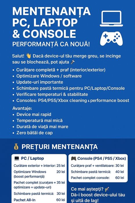 Mentenanță PC, Laptop & Console – Boost Instant de Performanță!