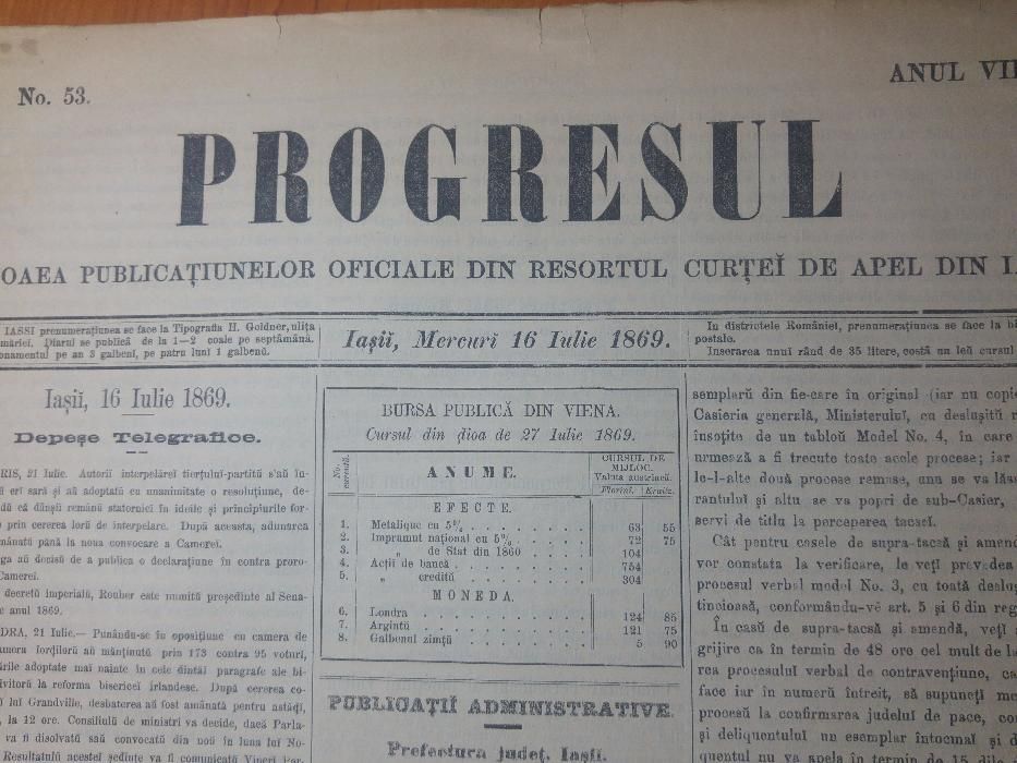 lot 8 ziare progresul iunie-iulie 1869-articole jud. din moldova