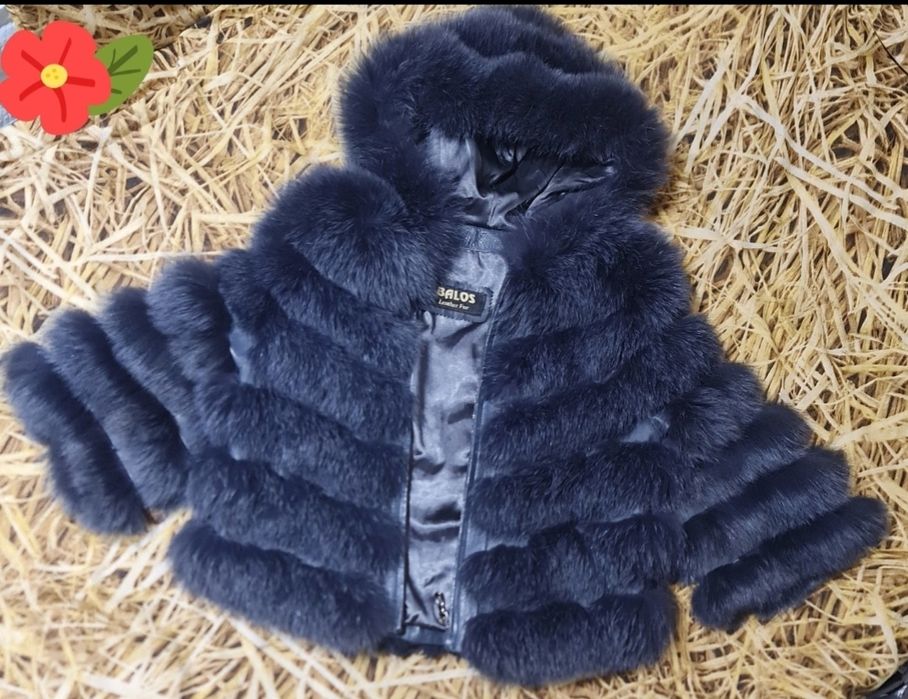 Луксозно яке от естествена кожа и гъст косъм от лисица/XS/цвят мастило