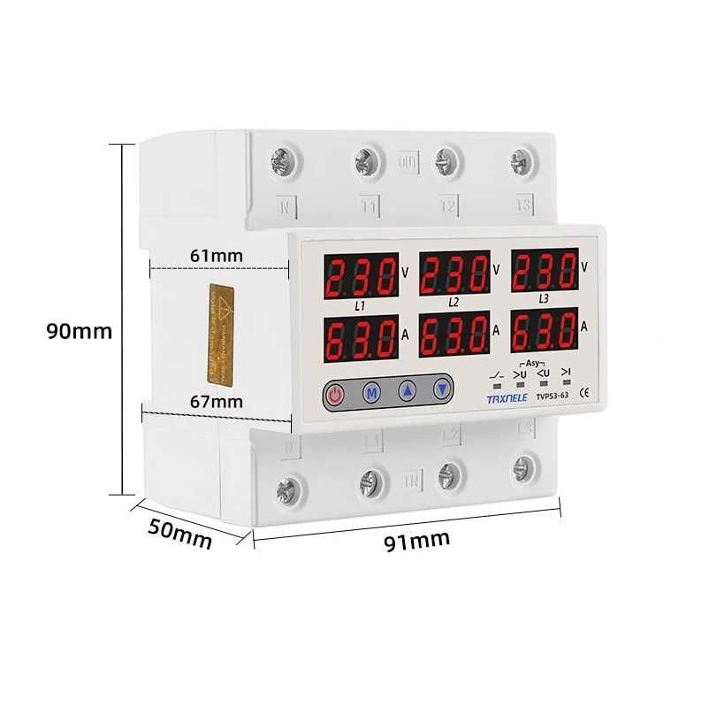 Трифазно реле за защита по напрежение и ток до 63А, DIN шина, TVPS3-63