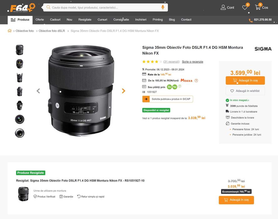 Obiectiv Sigma 35mm f1.4 ART Dg HSM - montura CANON EF