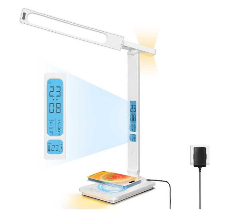 Lampă birou LED Yamyone wireless, USB, ceas, timer, alb