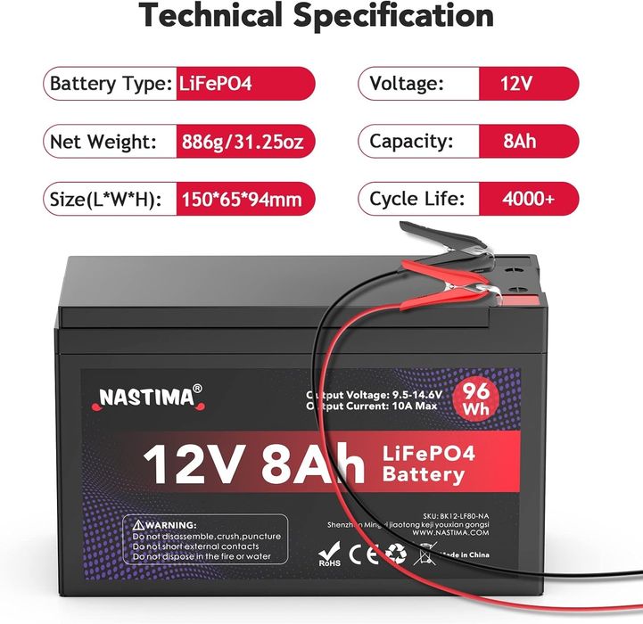 12V 8Ah LiFePO4 Акумулаторна батерия с вграден BMS и голям цикъл 4000+