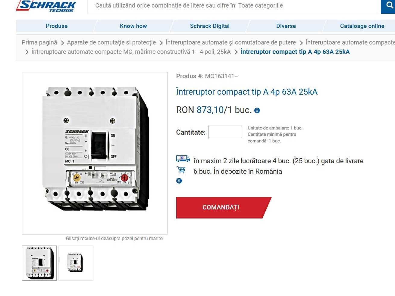 Întreruptor Schrack compact tip A 4p 63A 25kA. MC1B-4-A63