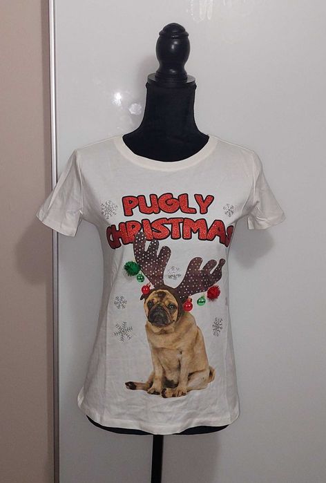Tricou alb cu catel cu ciucurasi colorati NOU