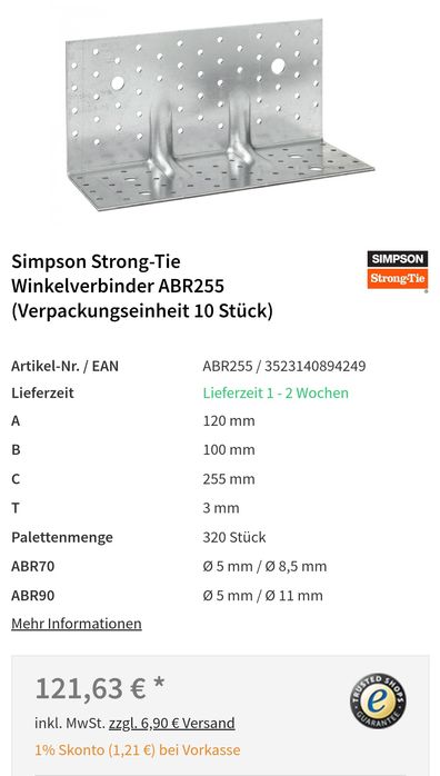 Colțar Zincat perforat 255 mm TimberFrame