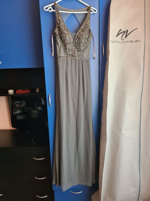 Rochie eleganta de seara gri cu paiete