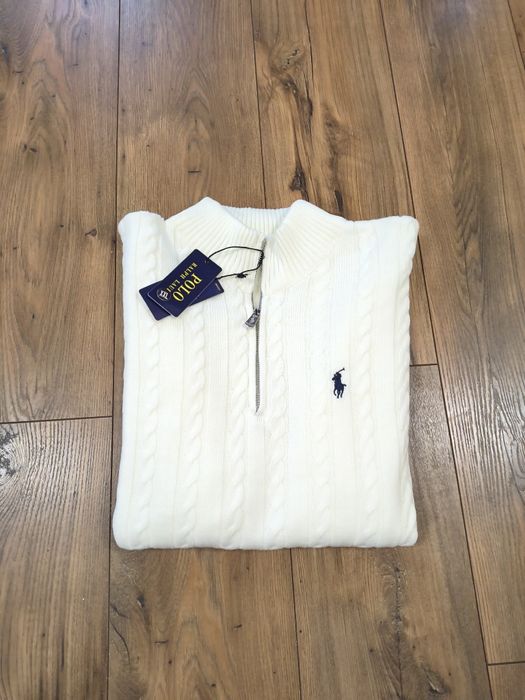 Pulover clasic, cable knit, half zipper, RL, cozy, alb-unt